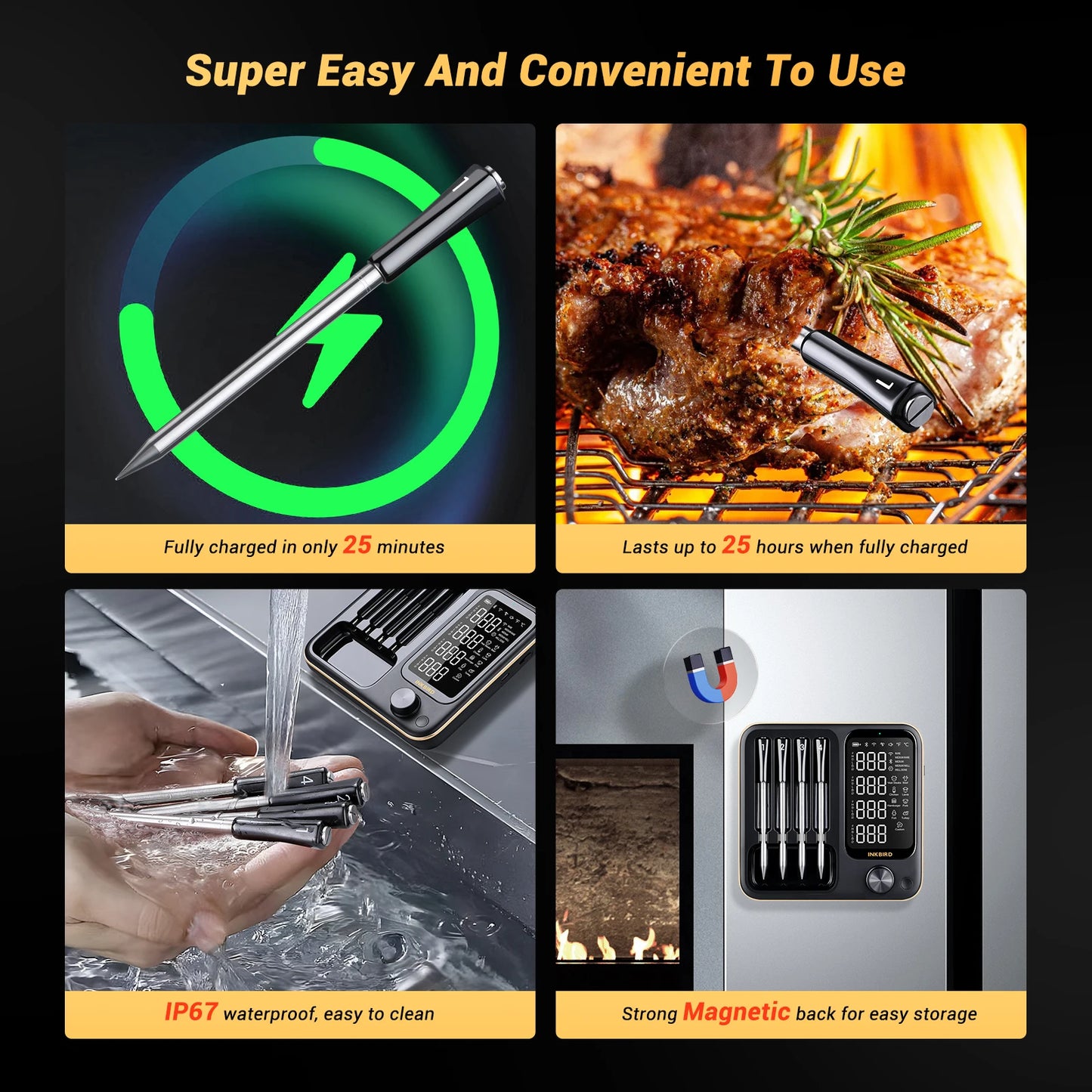 INT-14-BW Three-Mode Wireless BBQ Thermometer with 4 Probes IP67 Waterproof Wifi Bluetooth Meat Thermometer for BBQ Oven