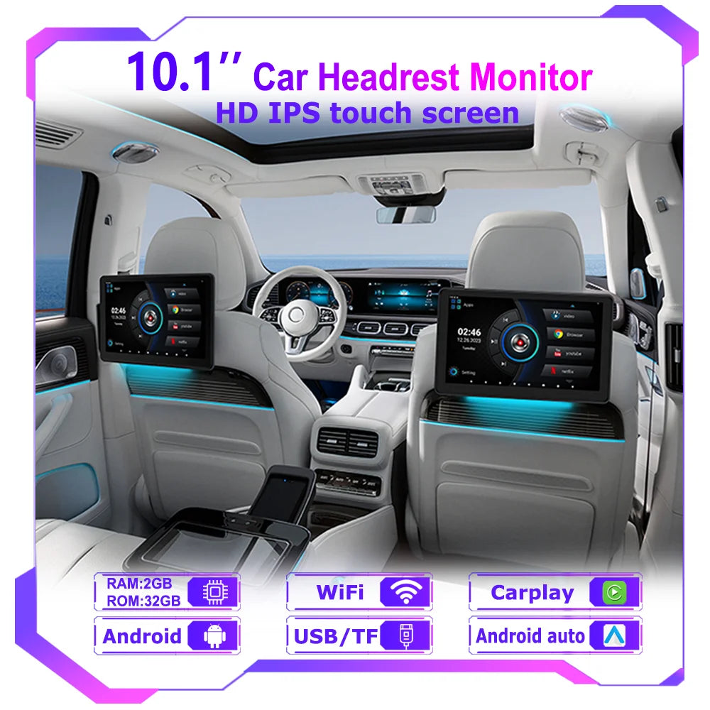 Incell 10.1" Android 13 Car Headrest Monitor Ultra-Thin Touch Screen for Rear Seat Multimedia Player Carplay Ambient Lights BT