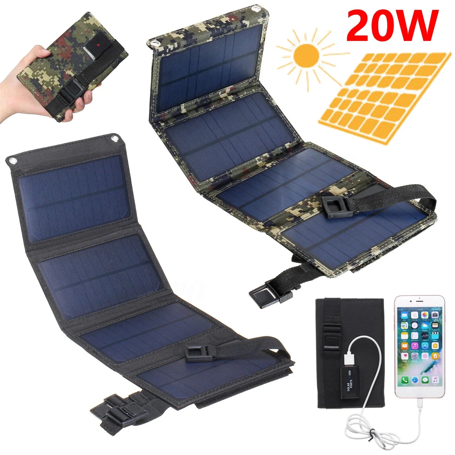 20W Foldable Solar Panel 5V USB Solar Cell Portable Waterproof Solar Panel Mobile Phone Battery Charger Outdoor Phone Power Bank