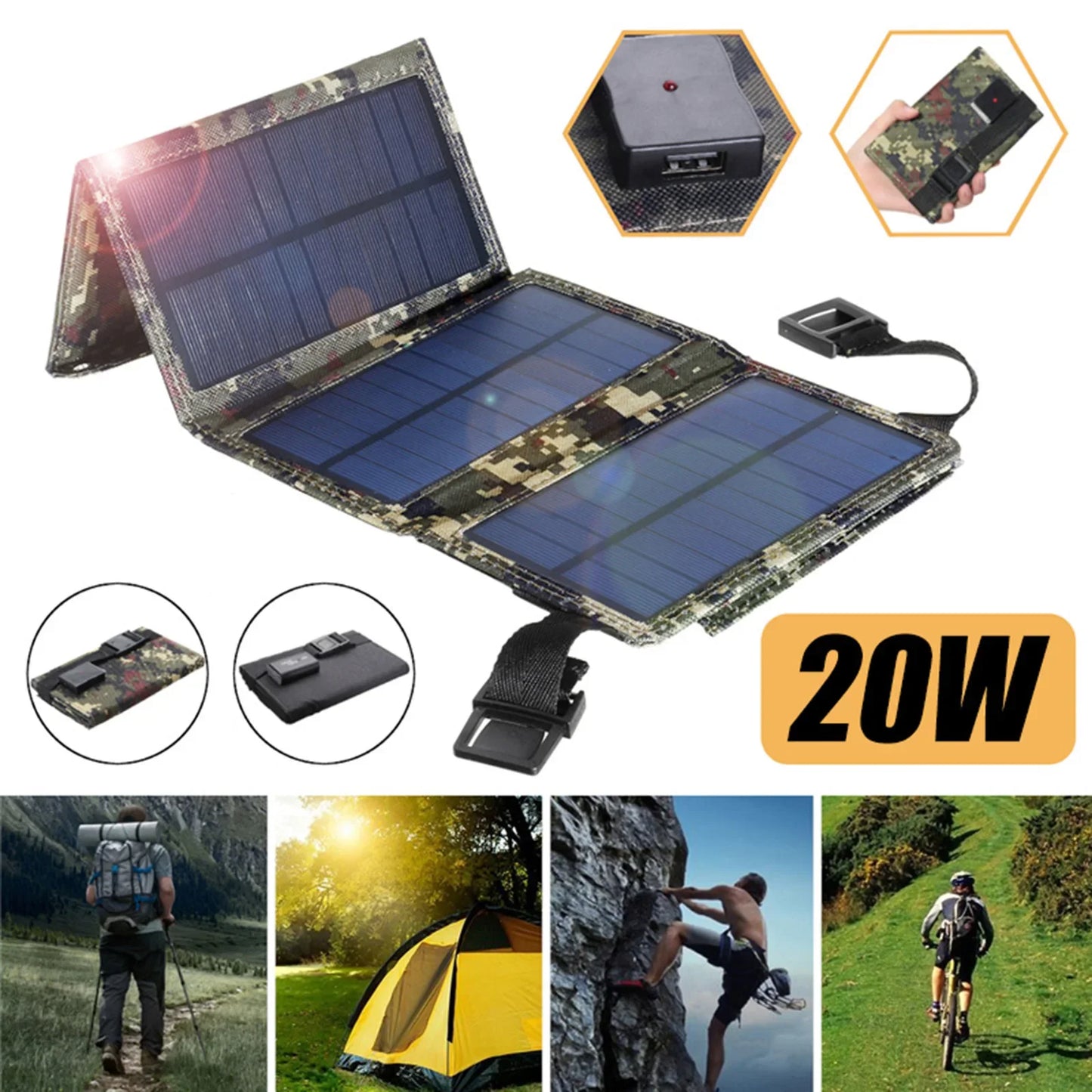 20W Foldable Solar Panel 5V USB Solar Cell Portable Waterproof Solar Panel Mobile Phone Battery Charger Outdoor Phone Power Bank