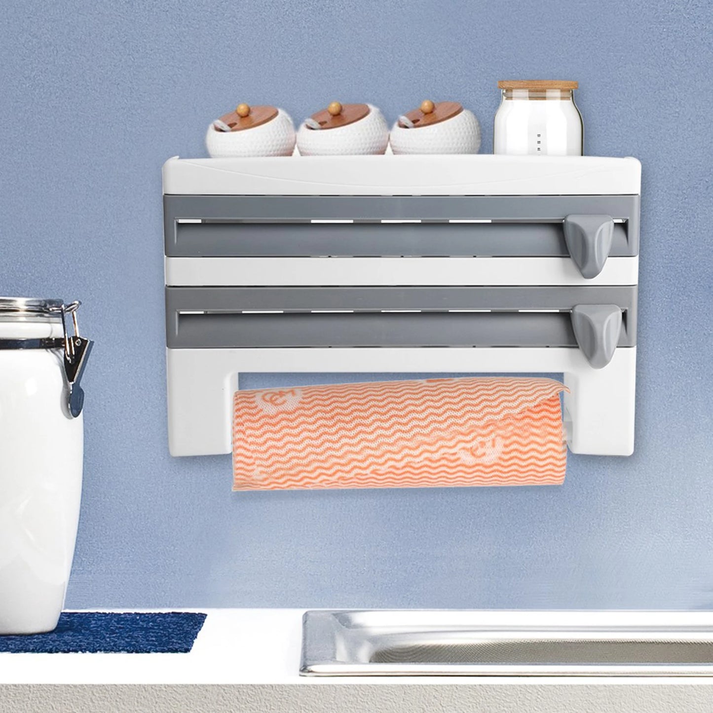 Cling Film Paper Towel Holder Kitchen Cling Film Holder Ergonomic Design High Sharpness Blade ABS Wall Mounted for Apartment