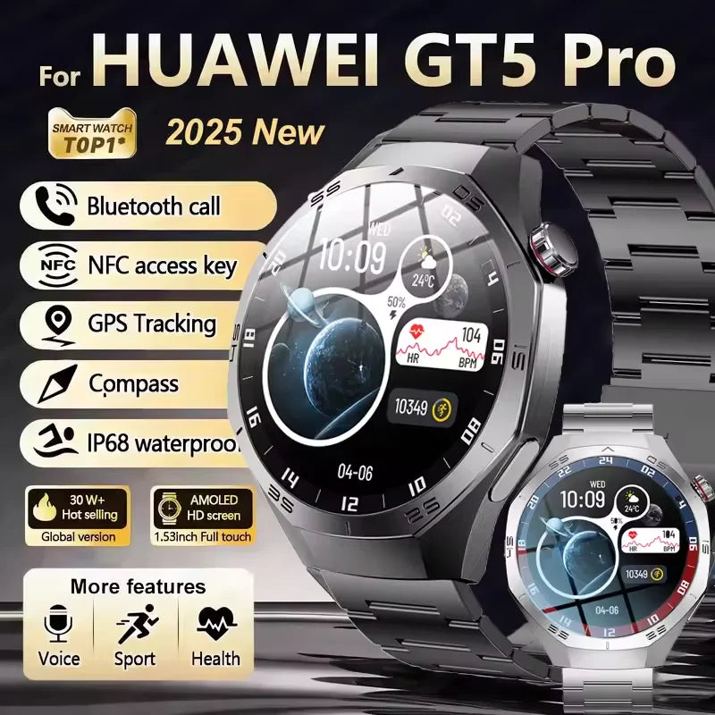 2025 New for Huawei GT5 Pro Smart Watch Men AMOLED Screen GPS Motion Trajectory Heart Rate Bluetooth Calls Smartwatch Waterproof