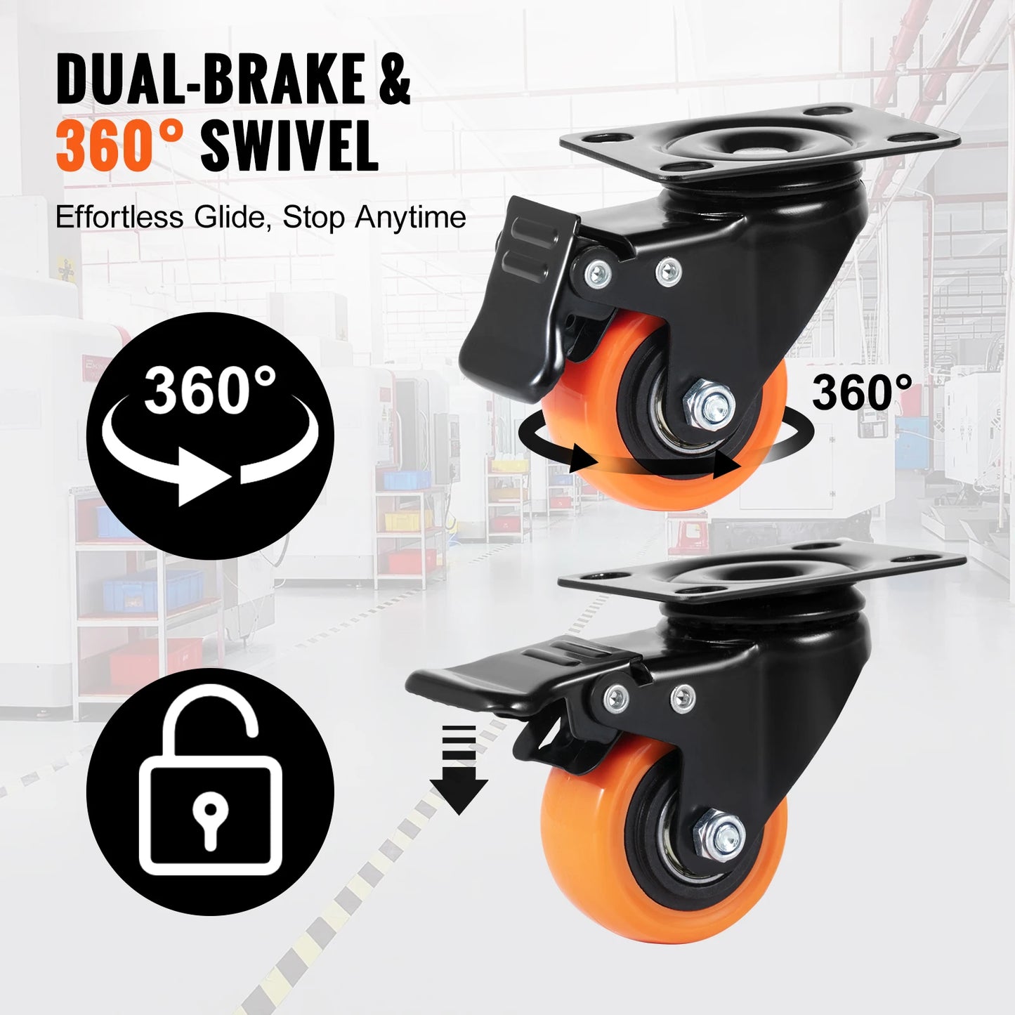 Succebuy 2/3/4/5/6-Inch Swivel Plate Casters Set of 4 with Security Dual Locking PVC Caster Wheels for Cart Furniture Workbench