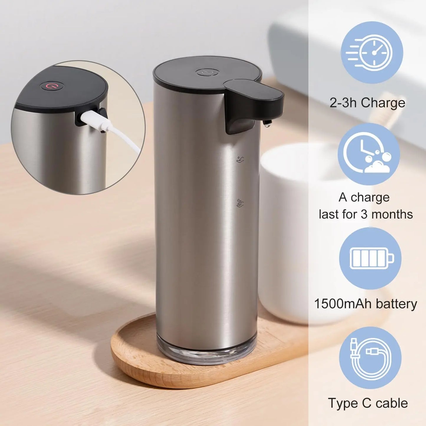 Automatic Foaming Soap Metal Dispenser Rechargeable Touchless Foam Hand Soap Dispenser Water-Resistant for Bathroom