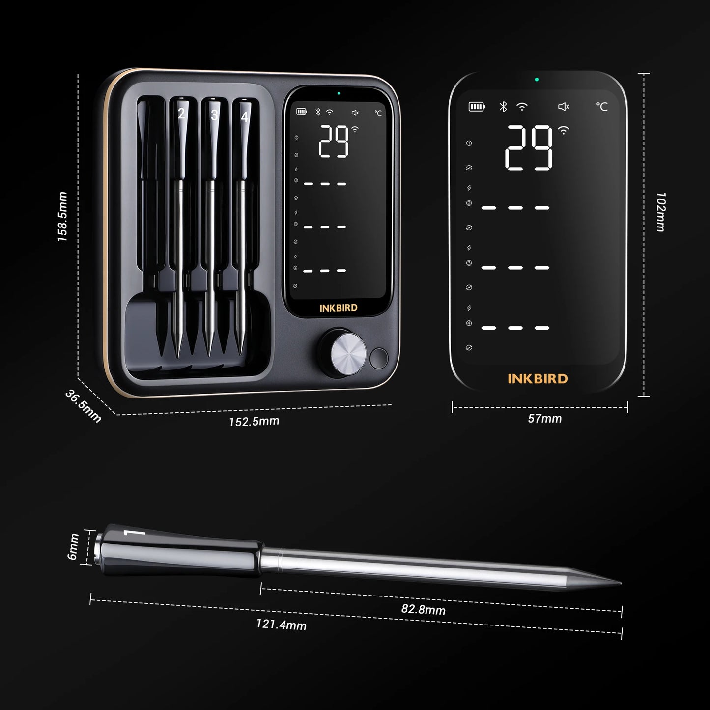 INT-14-BW Three-Mode Wireless BBQ Thermometer with 4 Probes IP67 Waterproof Wifi Bluetooth Meat Thermometer for BBQ Oven