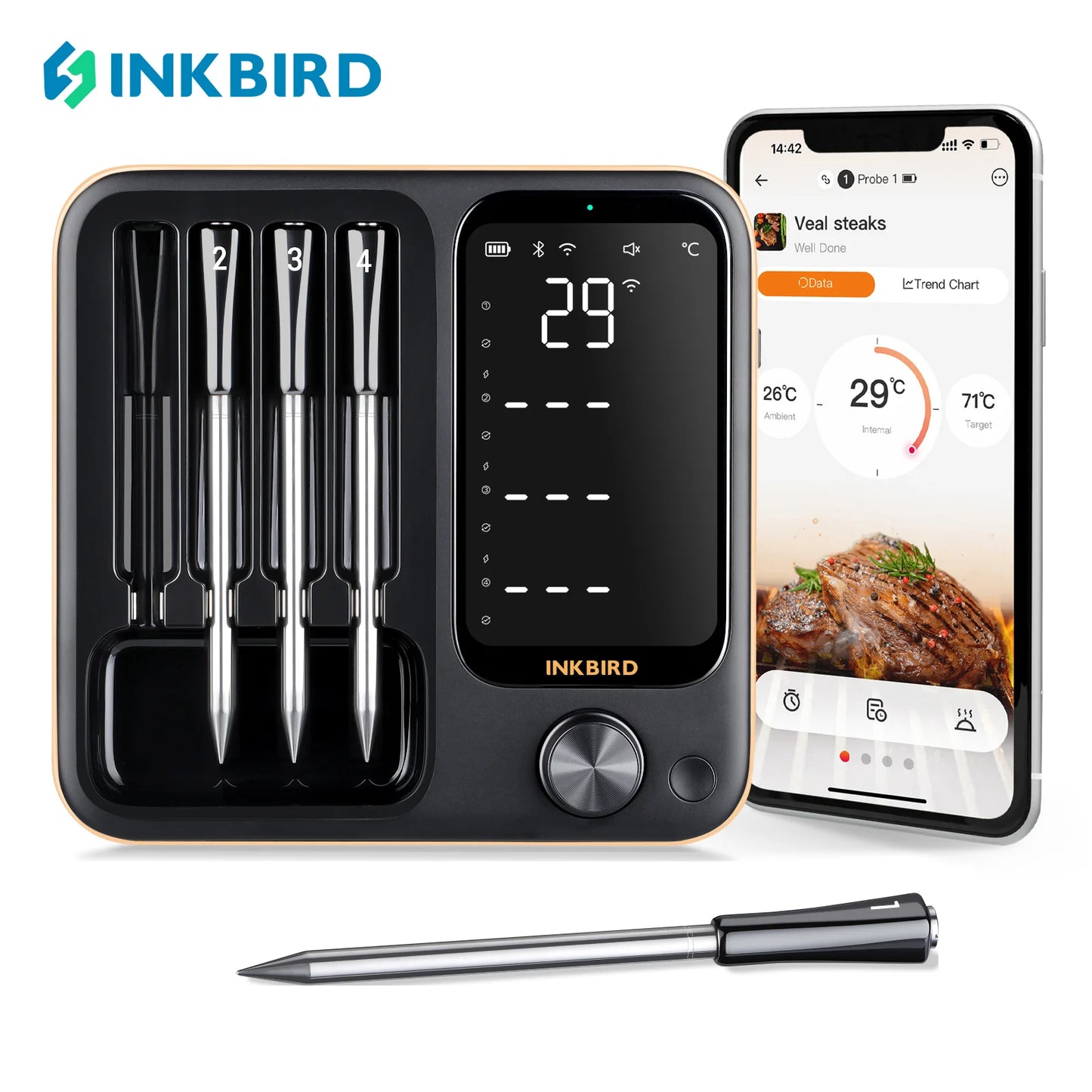 INT-14-BW Three-Mode Wireless BBQ Thermometer with 4 Probes IP67 Waterproof Wifi Bluetooth Meat Thermometer for BBQ Oven