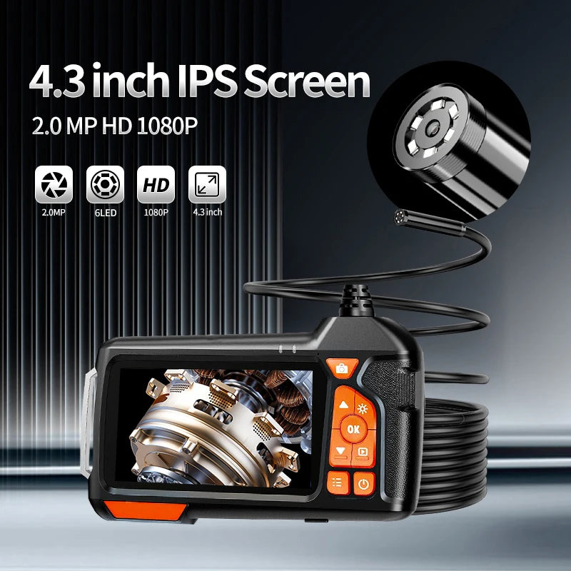 HD1080P 5.5Mm 4.3" LCD Screen Inspection Cameras IP67 Waterproof Borescope with 6 Adjustable LED Lights Semi-Rigid Cord for Men
