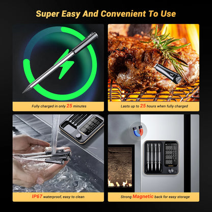 INT-14-BW Three-Mode Wireless BBQ Thermometer with 4 Probes IP67 Waterproof Wifi Bluetooth Meat Thermometer for BBQ Oven