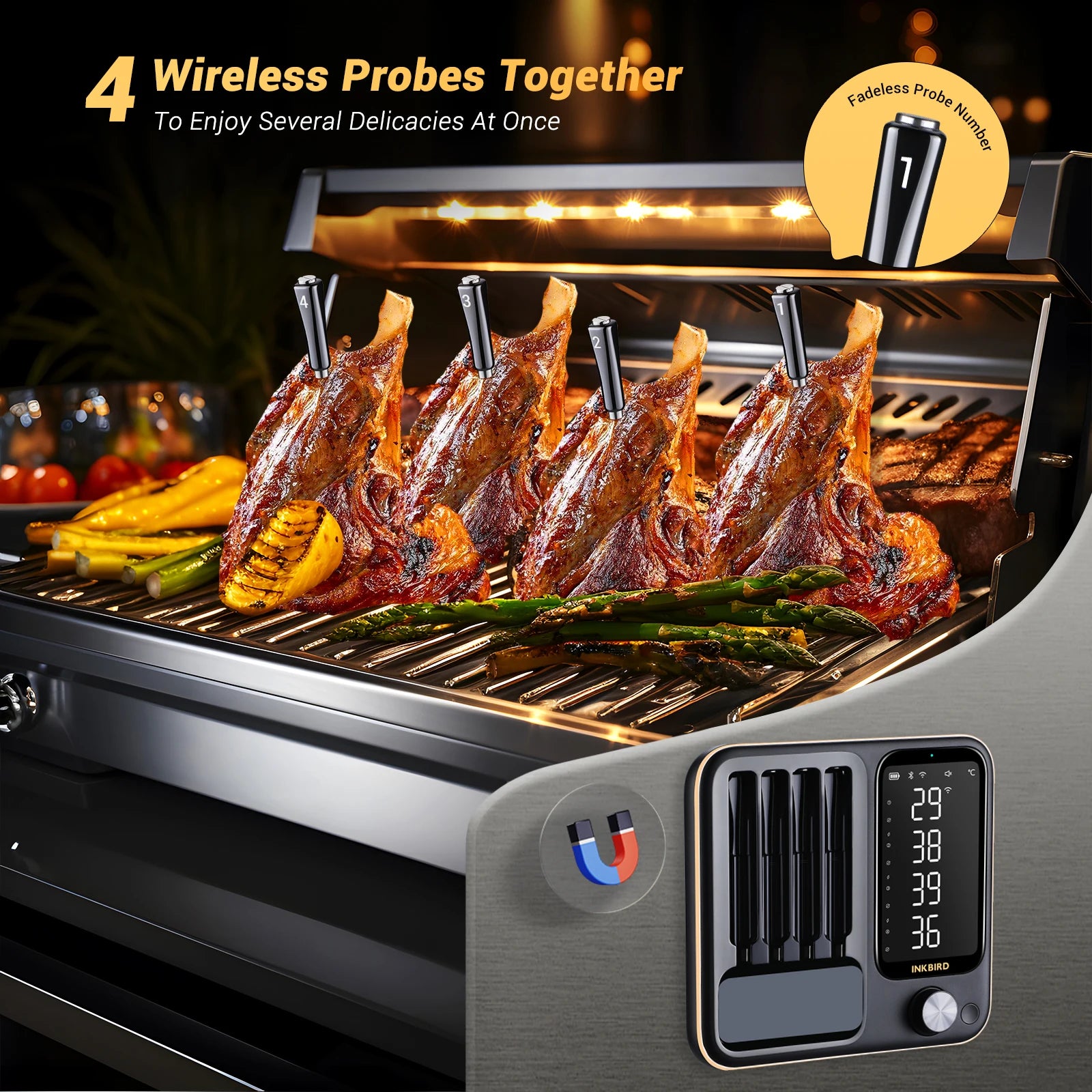 INT-14-BW Three-Mode Wireless BBQ Thermometer with 4 Probes IP67 Waterproof Wifi Bluetooth Meat Thermometer for BBQ Oven