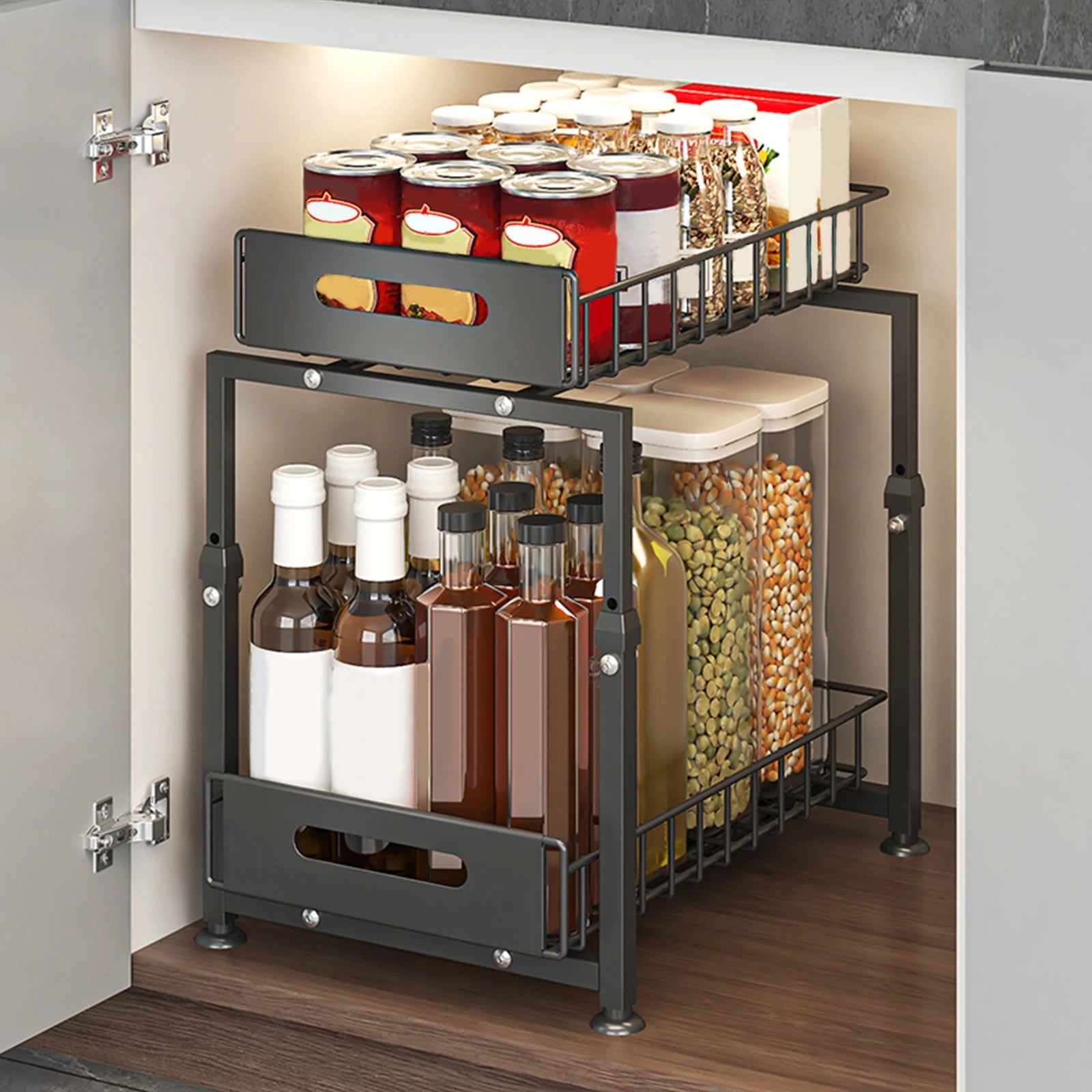 2 Tier Pull Out Cabinet Organizer Adjustable Kitchen Storage Rack under Sink Organizer Spice Jar Storage Rack Slide Out Drawer