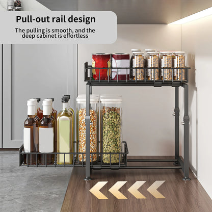 2 Tier Pull Out Cabinet Organizer Adjustable Kitchen Storage Rack under Sink Organizer Spice Jar Storage Rack Slide Out Drawer