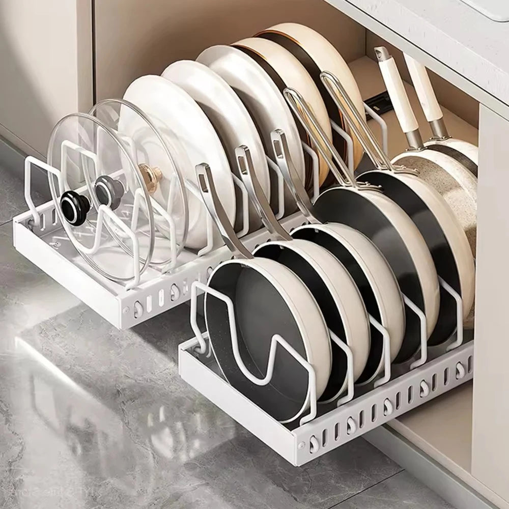 Pots and Pans Organizer under Cabinet,Sliding Pot Lid Holder and Pan Rack Kitchen Dishes Storage Adjustable Dividers