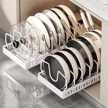 Pots and Pans Organizer under Cabinet,Sliding Pot Lid Holder and Pan Rack Kitchen Dishes Storage Adjustable Dividers