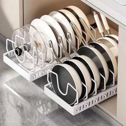 Pots and Pans Organizer under Cabinet,Sliding Pot Lid Holder and Pan Rack Kitchen Dishes Storage Adjustable Dividers