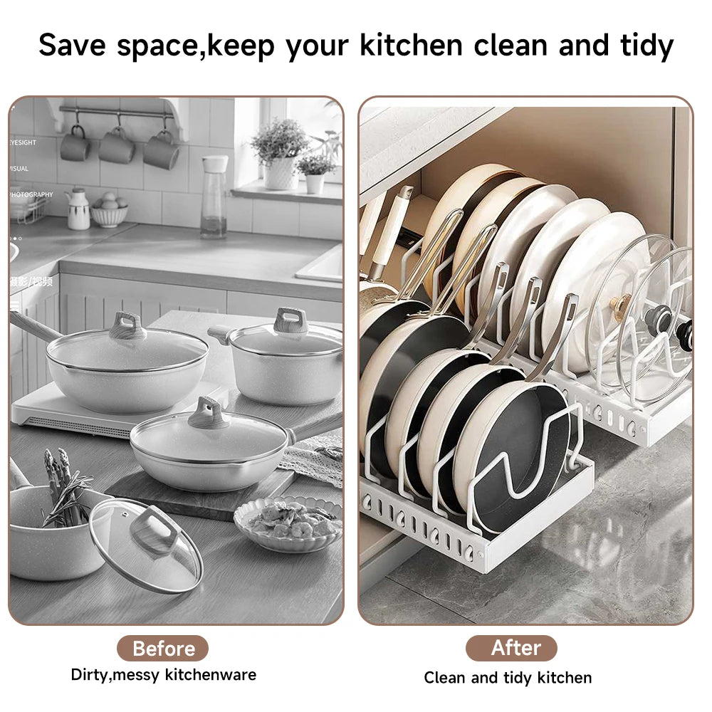 Pots and Pans Organizer under Cabinet,Sliding Pot Lid Holder and Pan Rack Kitchen Dishes Storage Adjustable Dividers