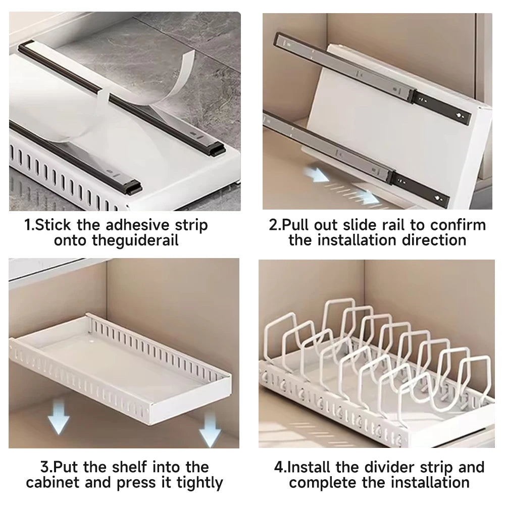 Pots and Pans Organizer under Cabinet,Sliding Pot Lid Holder and Pan Rack Kitchen Dishes Storage Adjustable Dividers