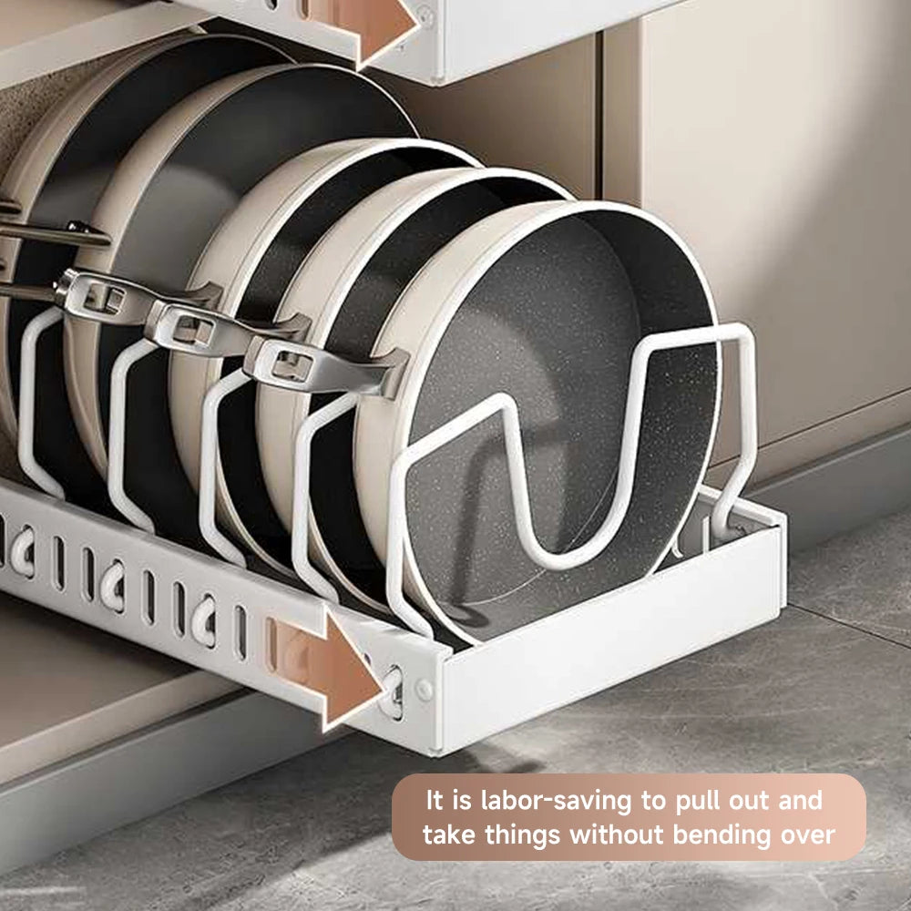 Pots and Pans Organizer under Cabinet,Sliding Pot Lid Holder and Pan Rack Kitchen Dishes Storage Adjustable Dividers