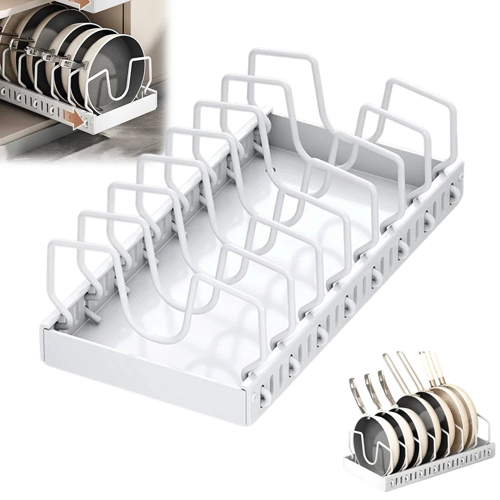 Pots and Pans Organizer under Cabinet,Sliding Pot Lid Holder and Pan Rack Kitchen Dishes Storage Adjustable Dividers