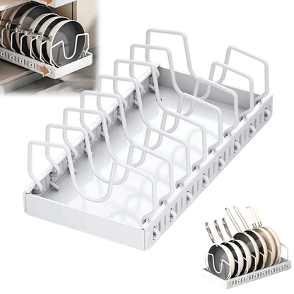 Pots and Pans Organizer under Cabinet,Sliding Pot Lid Holder and Pan Rack Kitchen Dishes Storage Adjustable Dividers