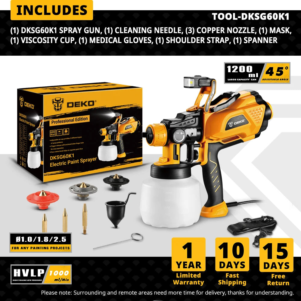 HVLP Spray Gun with LED Light & 3 Nozzle 1200Ml Large Capacity High Power Electric Paint Sprayer for Home DIY
