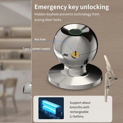 Fingerprint Safe Electronic Lock Door Handle Stainless Steel round Door Knob Rotation Lock Doorknob Lock with Key Tuya App Home