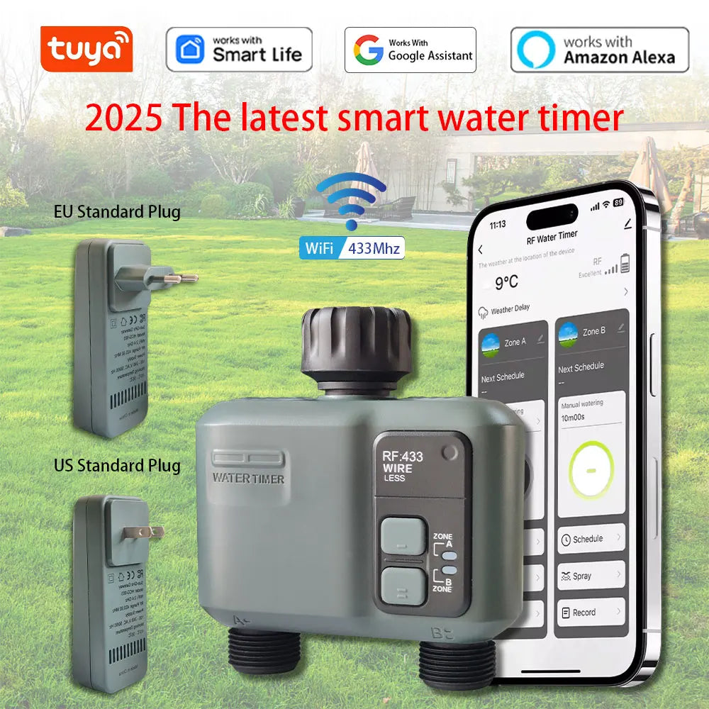 2025 Tuya Wifi+Rf433 Smart Garden Sprinkler Water Timer by 2 Way Rain Delay Filter Programmable Automatic Irrigation Controller