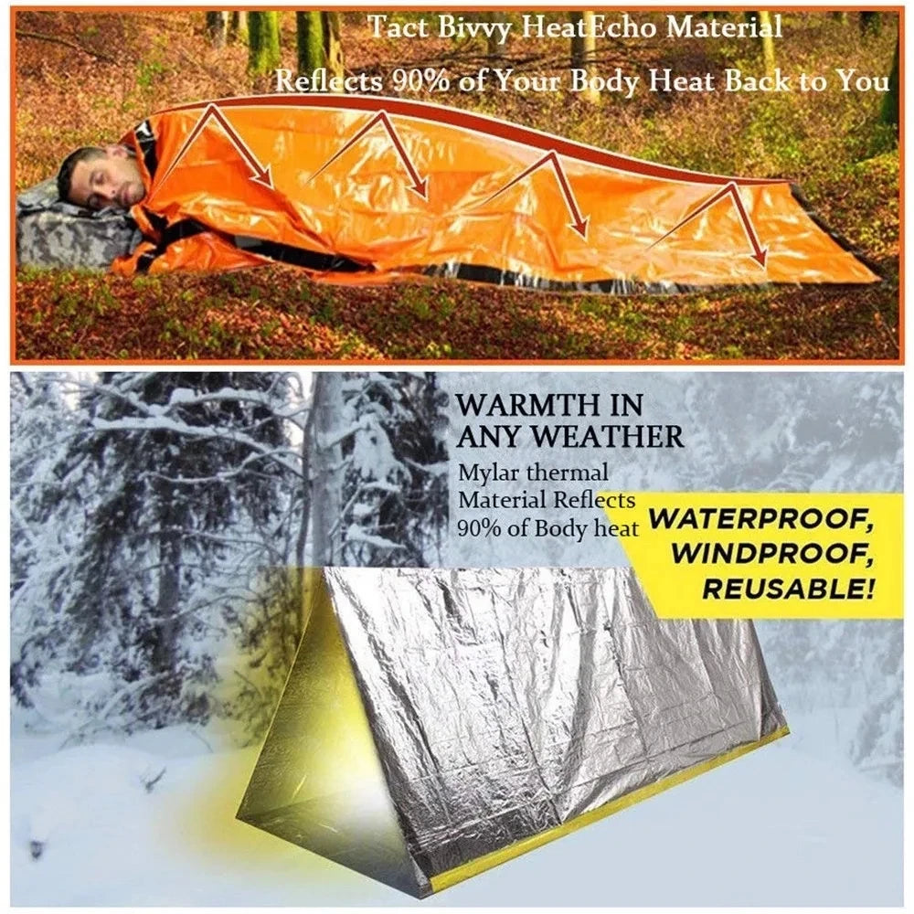 Outdoor Emergency Sleeping Bag, First Aid Blanket, Aluminum Foil Emergency Blanket, Waterproof and Lightweight Survival Blanket