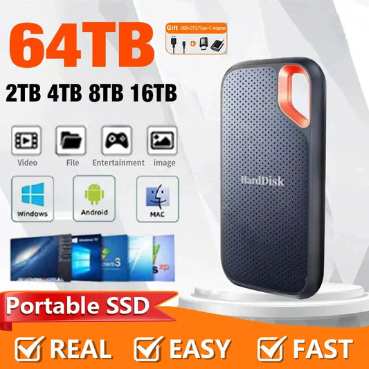 External Hard Drive 1TB Portable SSD 4TB External Solid State Drive USB 3.2/Type-C Hard Disk High-Speed Storage for Pc/Mac/Phone