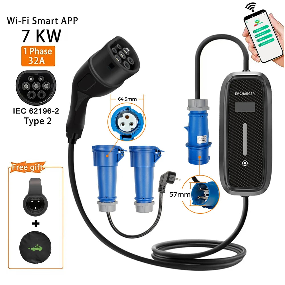 7KW Electric Car Charger Type2 Portable EV Charger Wifi APP BT Control EVSE Charging Box Charging Station 5M Cable