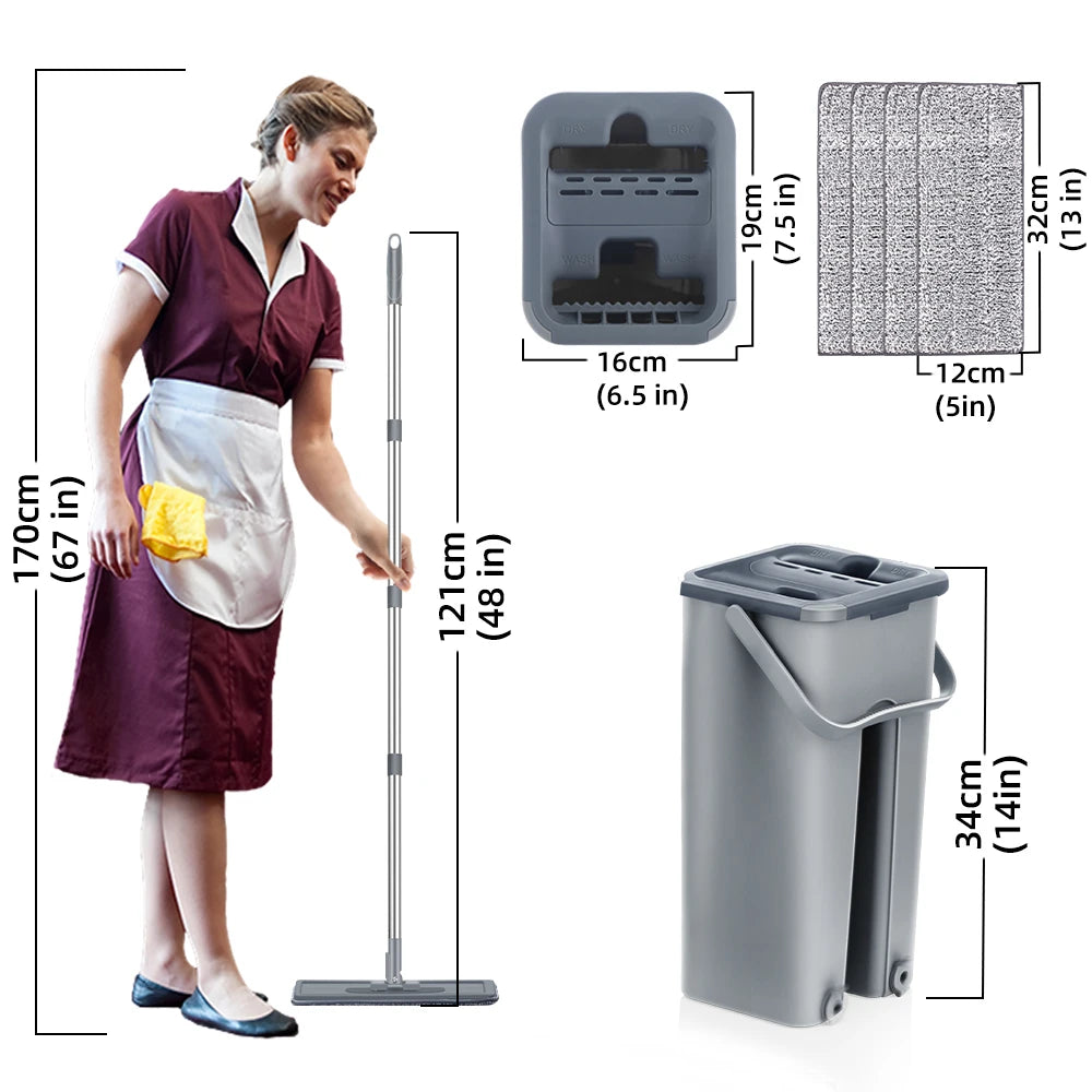 Hand Free Flat Floor Mop and Bucket Set for Professional Home Floor Cleaning System with Washable Microfiber Pads for Hardwood