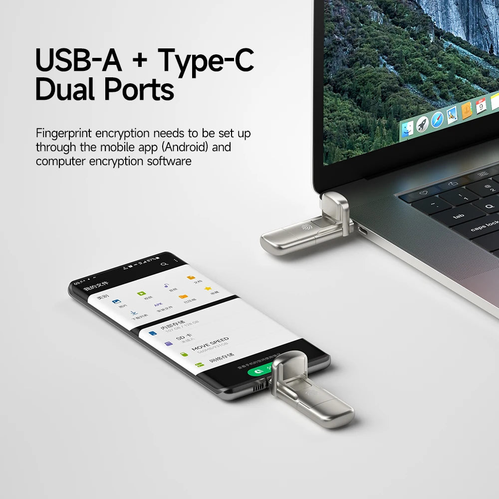 USB3.2 Solid State Pendrive AES256 & Fingerprint Encryption 520Mb/S USB Type C Gen 2 Flash Drive 1TB 512GB 256GB 128GB