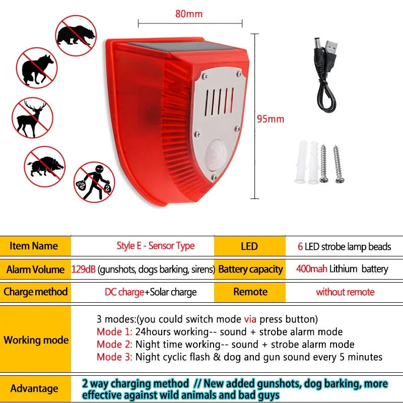 1/2Pcs Solar Alarm Light IP65 Waterproof Motion Sensor Alarm Lamp Outdoor Garden Dog Barking Animal Driver Securityfor Farm Yard