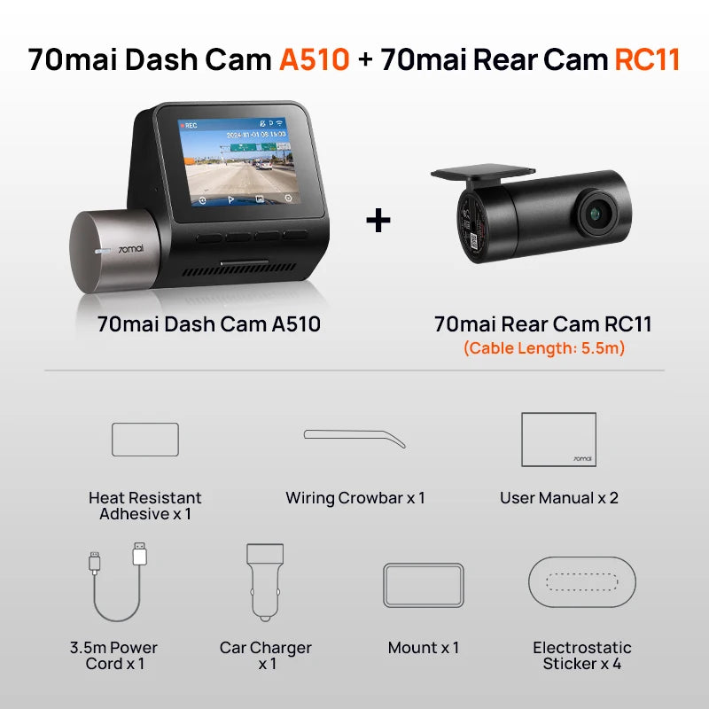 2024 New  Dash Cam A510 1944P HDR GPS ADAS 4G Connectivity  4G Front Cam A510 Car DVR 24H Parking Support Rear Cam