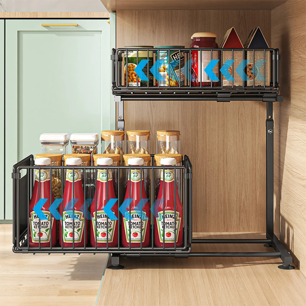 2 Tier Pull Out Cabinet Organizer Adjustable Kitchen Storage Rack under Sink Organizer Spice Jar Storage Rack Slide Out Drawer