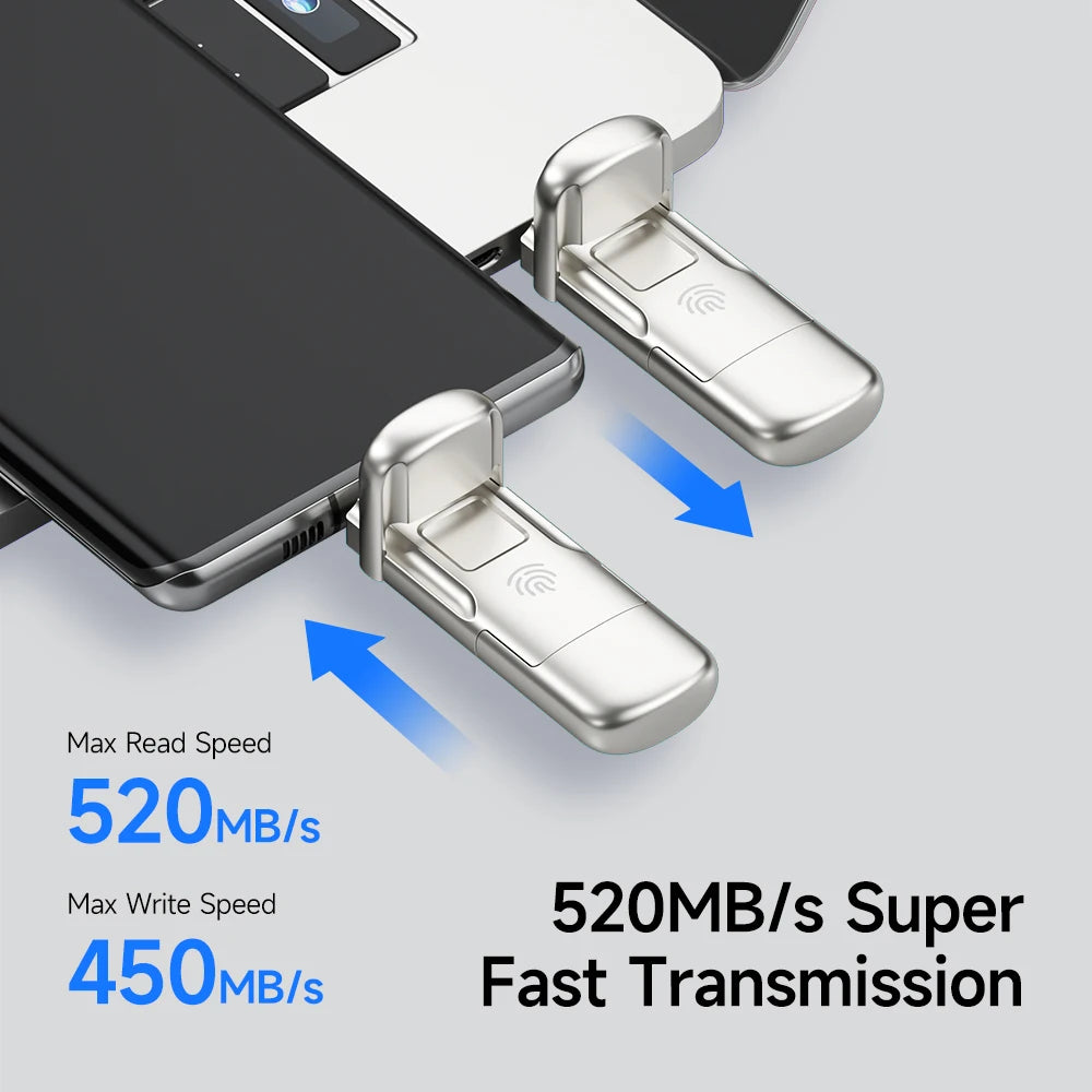 USB3.2 Solid State Pendrive AES256 & Fingerprint Encryption 520Mb/S USB Type C Gen 2 Flash Drive 1TB 512GB 256GB 128GB