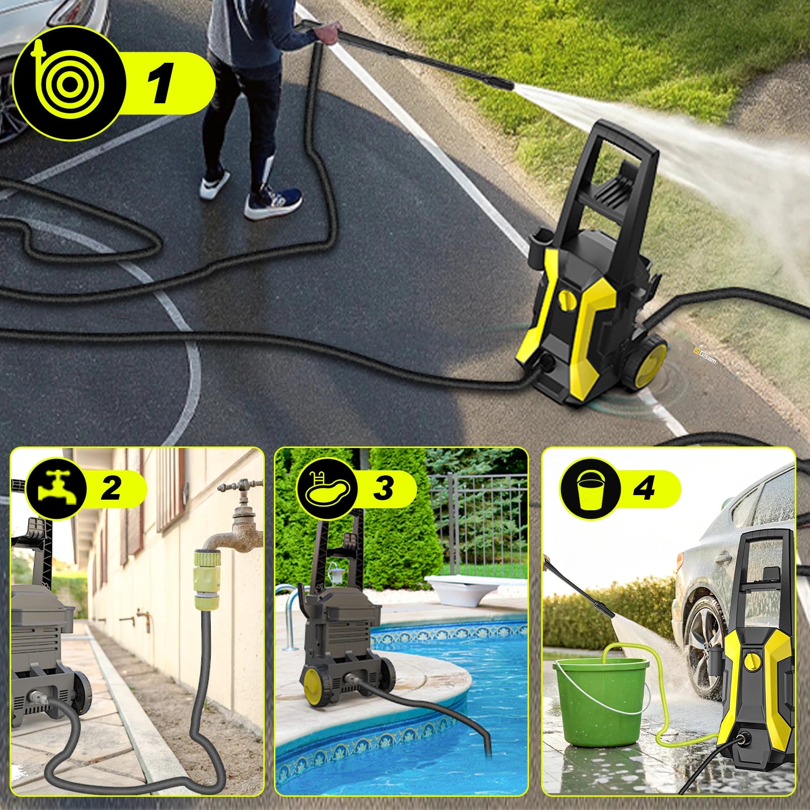 Gisam 180Bar 2200W Electric High Pressure Washer Car Washer Gun Garden Washing Water Wash Spray Gun 180° Adjustable Nozzle