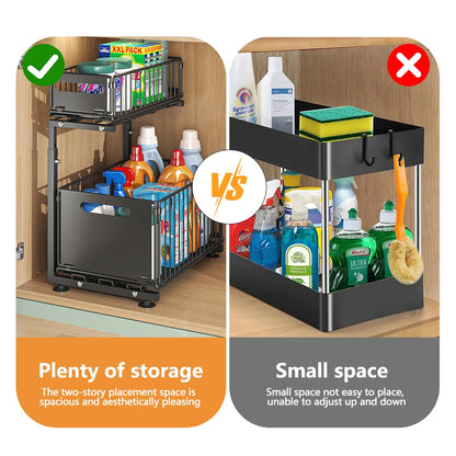 2 Tier Pull Out Cabinet Organizer Adjustable Kitchen Storage Rack under Sink Organizer Spice Jar Storage Rack Slide Out Drawer