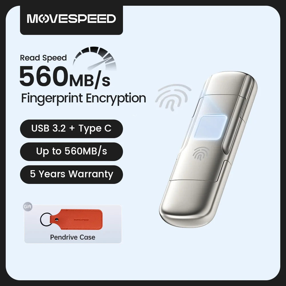 USB3.2 Solid State Pendrive AES256 & Fingerprint Encryption 520Mb/S USB Type C Gen 2 Flash Drive 1TB 512GB 256GB 128GB
