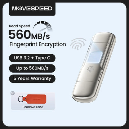 USB3.2 Solid State Pendrive AES256 & Fingerprint Encryption 520Mb/S USB Type C Gen 2 Flash Drive 1TB 512GB 256GB 128GB