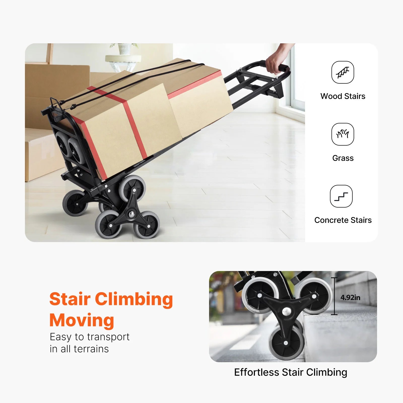 Succebuy 460 Lbs Stair Climbing Cart Folding Hand Truck Dolly with Handle 6 Wheels & 2 Ropes for Shopping Moving Warehouse