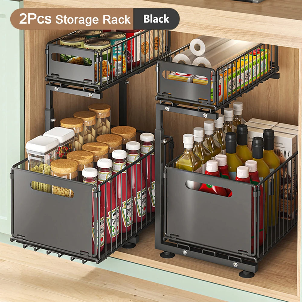 2 Tier Pull Out Cabinet Organizer Adjustable Kitchen Storage Rack under Sink Organizer Spice Jar Storage Rack Slide Out Drawer
