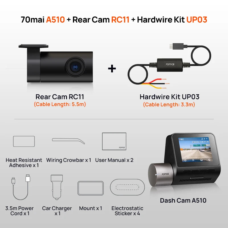 2024 New  Dash Cam A510 1944P HDR GPS ADAS 4G Connectivity  4G Front Cam A510 Car DVR 24H Parking Support Rear Cam