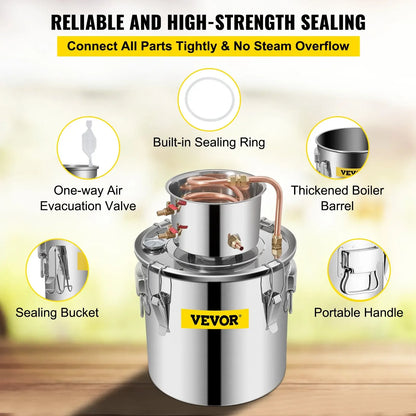 Alambic Distiller Alcohol Moonshine 5 Gal DIY Still Stainless Copper Home Brew Water Wine Essential Oil Brewing Kit