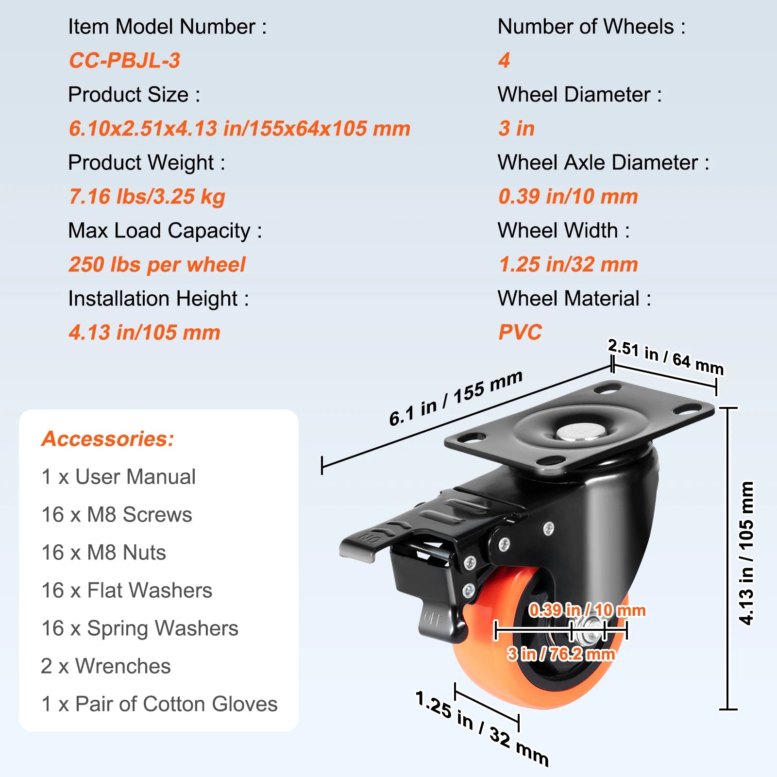 Succebuy 2-6In PVC Furniture Caster Wheels Set of 4 Swivel Plate Casters with Security A/B Lock Non-Marking for Cart Workbench
