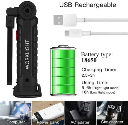 Multifunctional Folding Work Light Portable Camping Light USB Rechargeable Flashlight with Built-In Battery Magnetic Lamp