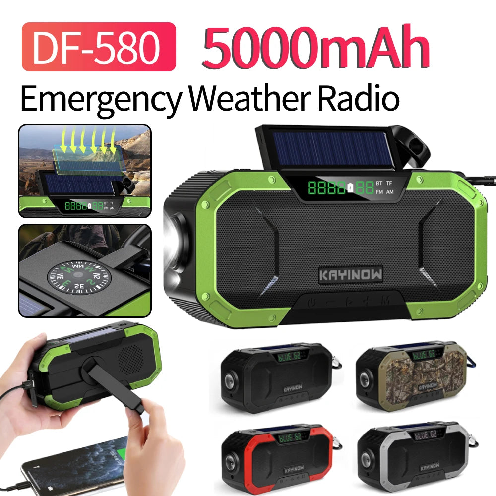 DF-580 Emergency Weather Radio Hand Crank Solar Radio AM/FM IPX5 Waterproof Outdoor Emergency LED Flashlight 5000Mah Power Bank