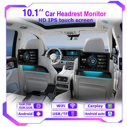 Incell 10.1" Android 13 Car Headrest Monitor Ultra-Thin Touch Screen for Rear Seat Multimedia Player Carplay Ambient Lights BT