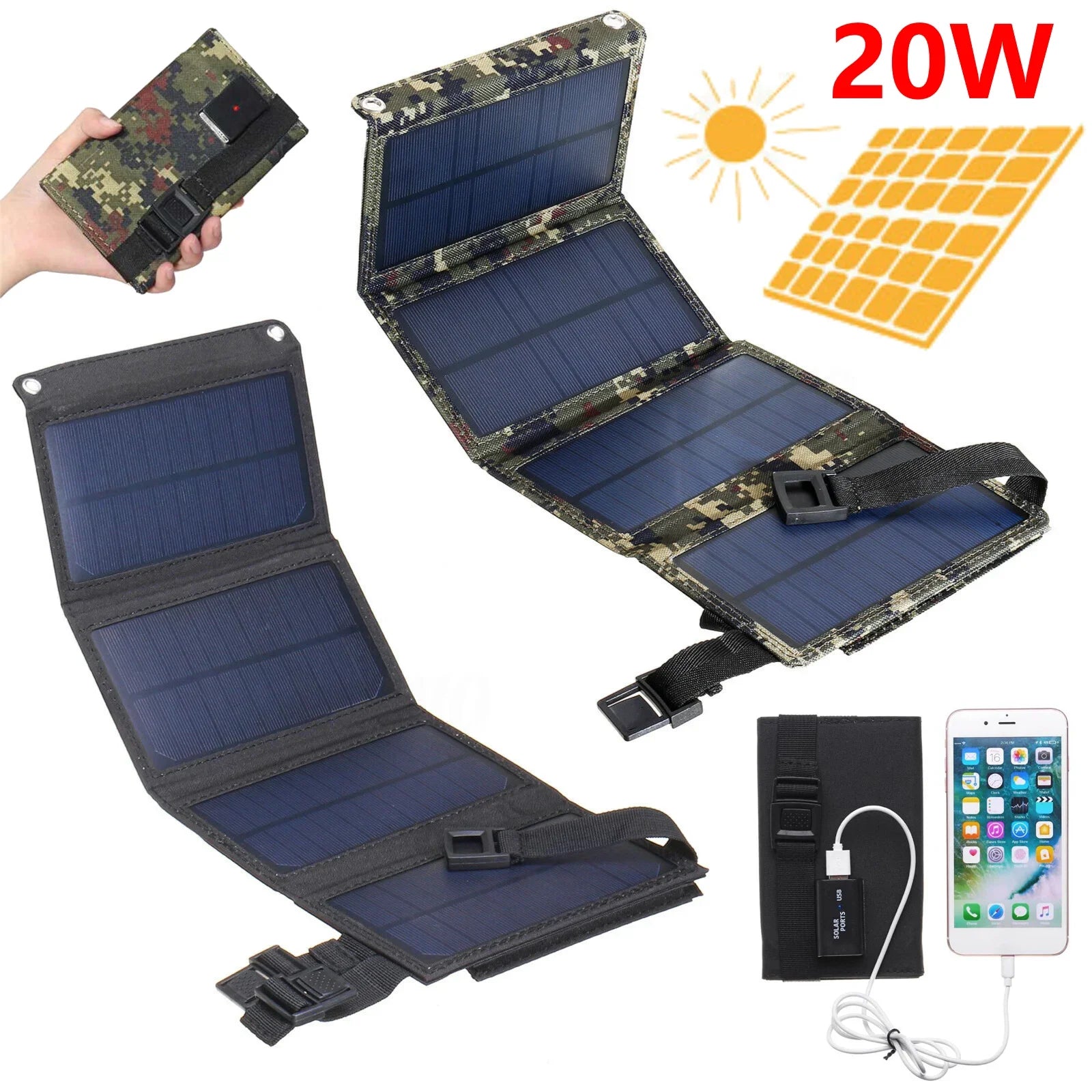 20W Foldable Solar Panel 5V USB Solar Cell Portable Waterproof Solar Panel Mobile Phone Battery Charger Outdoor Phone Power Bank