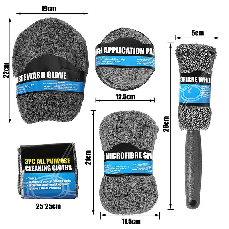 9Pcs Car Wash Cleaning Set Microfiber Towels Blush Sponge Wash Glove Polish Care Applicator Pads Auto Detailing Washing Tools