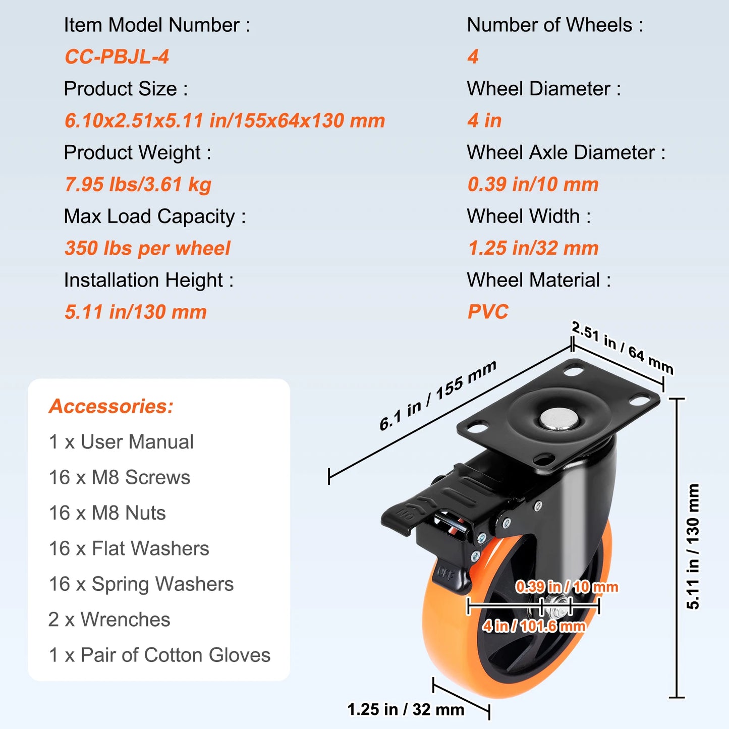 Succebuy 2/3/4/5/6-Inch Swivel Plate Casters Set of 4 with Security Dual Locking PVC Caster Wheels for Cart Furniture Workbench